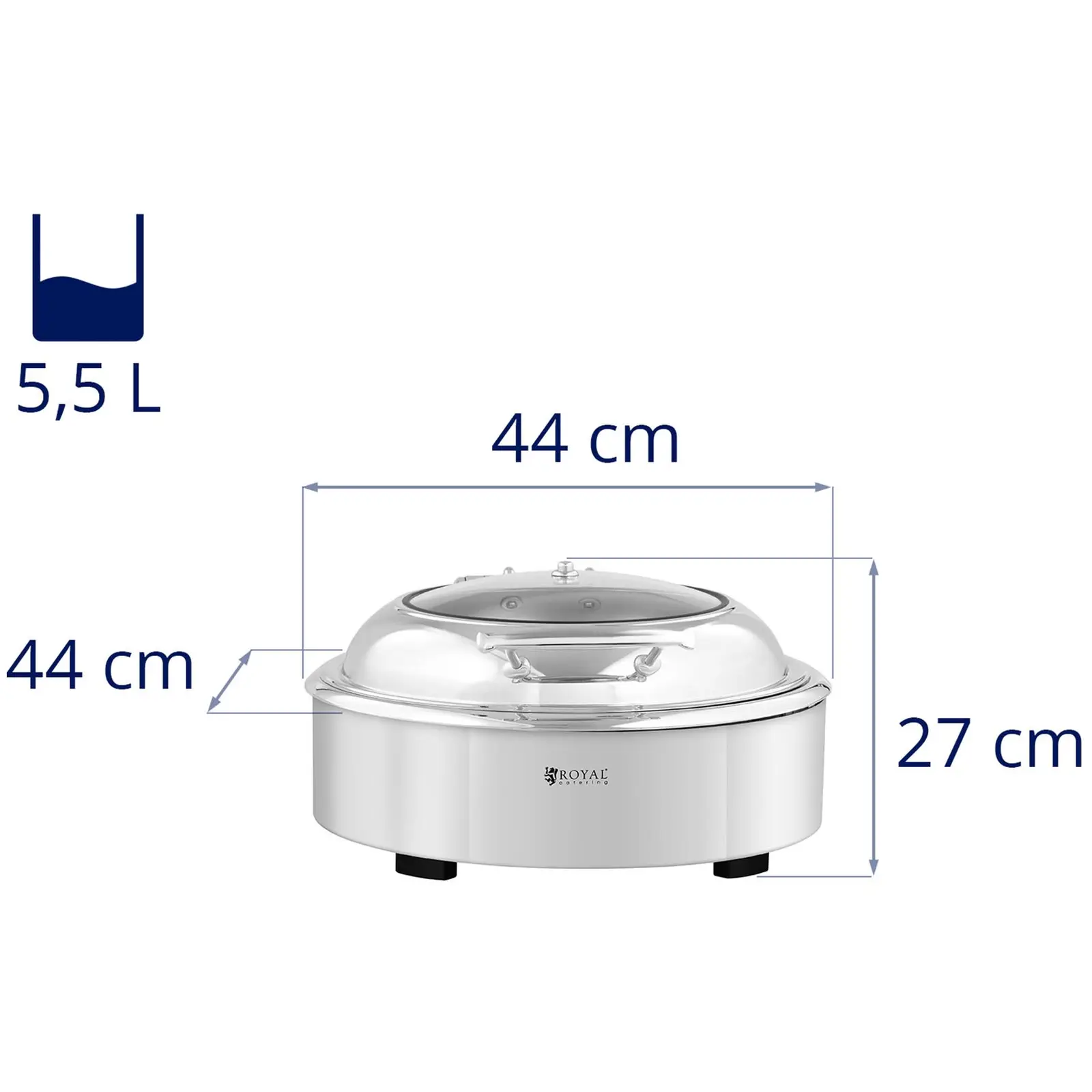 B-varer Chafing Dish - rund med visningsvindu - Royal Catering - 5.5 L - {{number_of_chafing_fuel_cells_643}} brenncelle