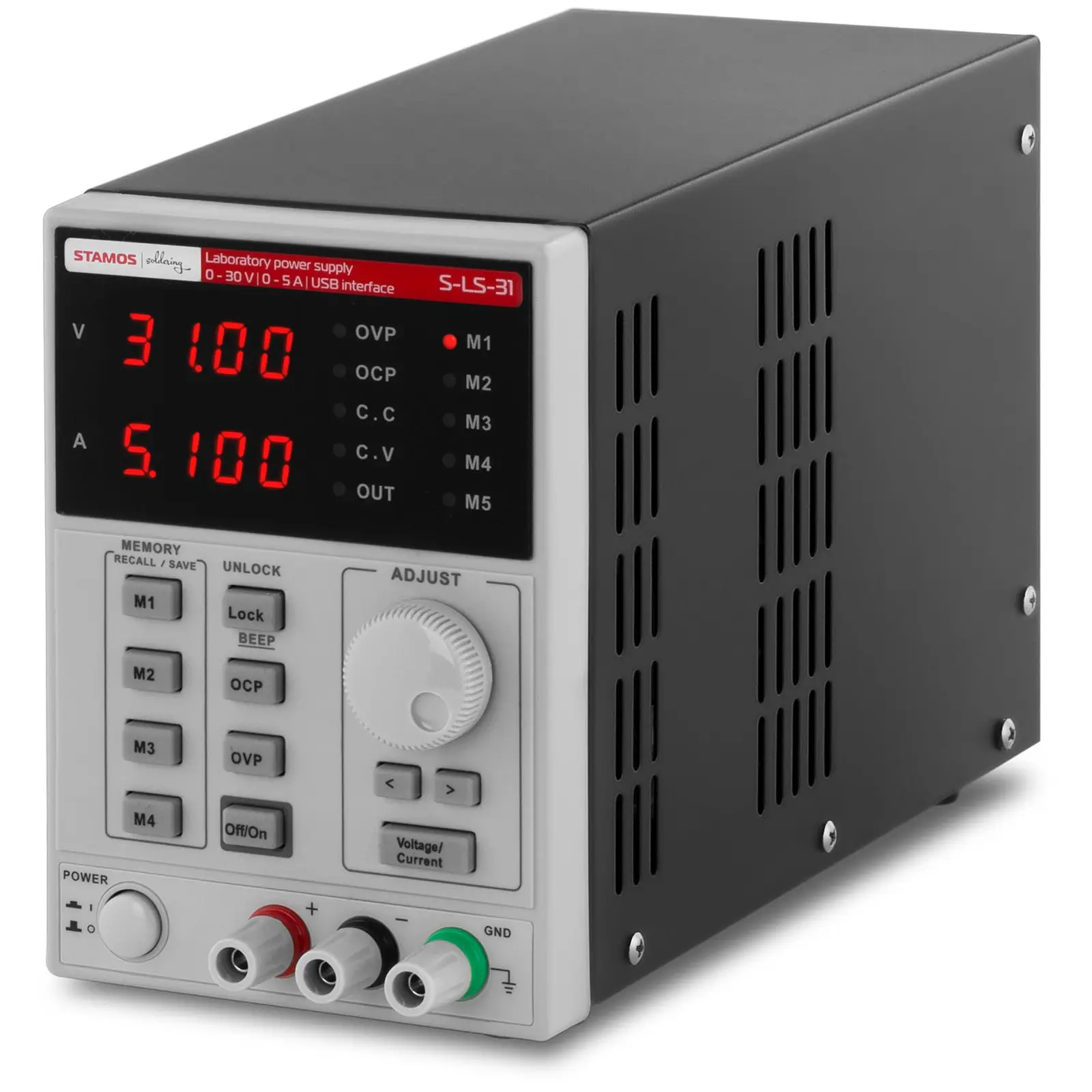 Laboratoriestrømforsyning – 0–30 V, 0–5 A DC, 250 Watt – USB – 4 minneplasser