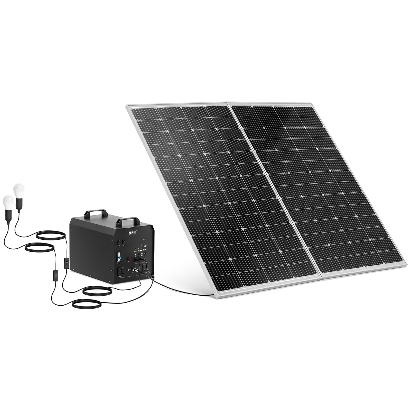 Solcellepanelsett med solcellepanel og inverter - 1800 W - 5 / 12 /230 V - 2 LED-lys