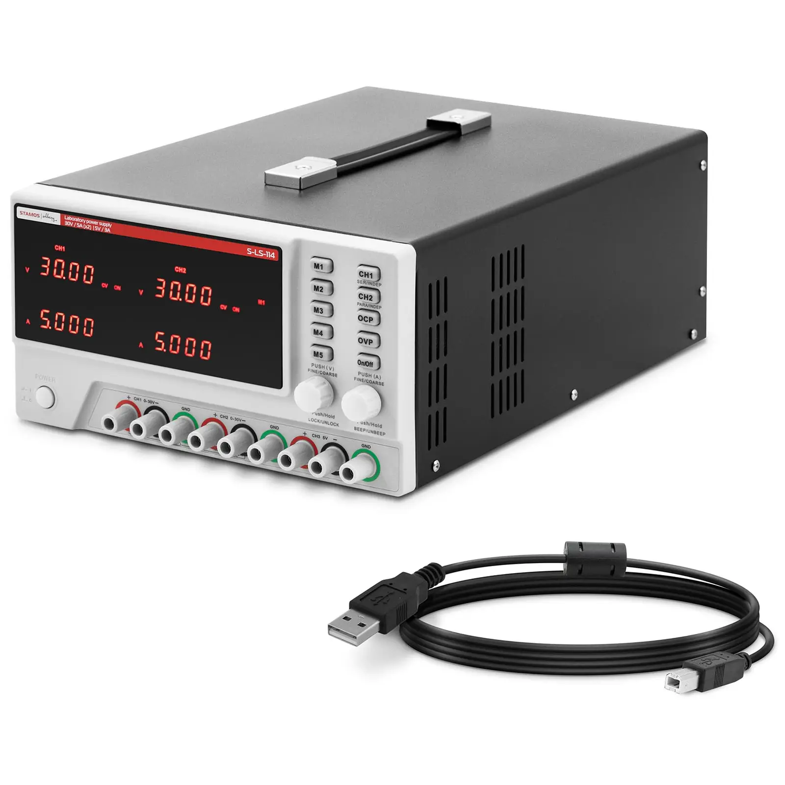 Strømforsyning - 0 - 30 V - 0 - 5 A DC - {{power_hp_1852}} W - 5 minneplasseringer - LED skjerm - USB/RS232