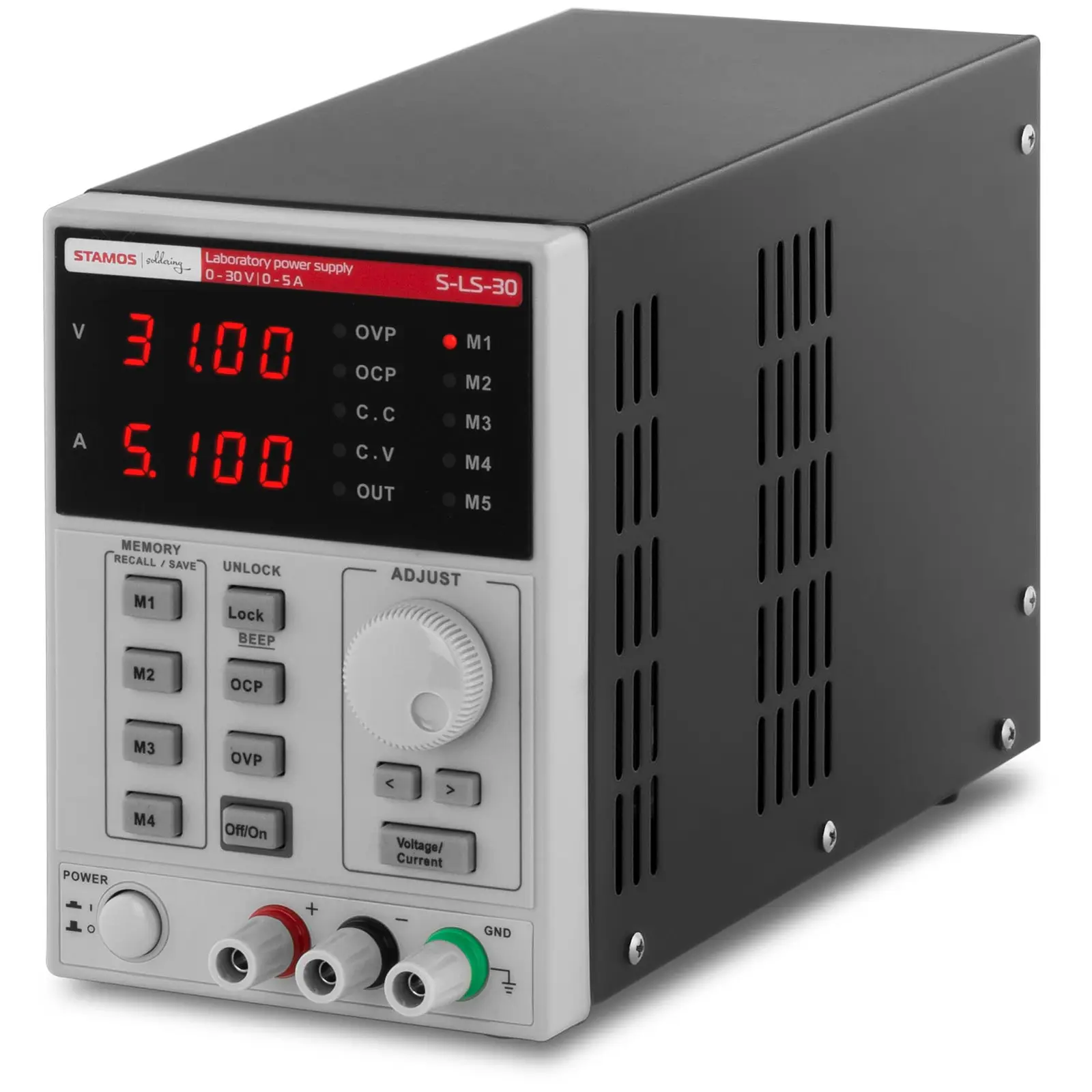 Laboratoriestrømforsyning – 0–30 V, 0–5 A DC, 250 W – 4 minneområder